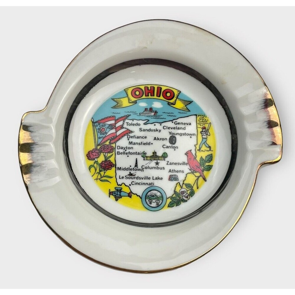 VTG Souvenir Travel State of Ohio Ashtray Made in Japan Glass Multicolored Gold